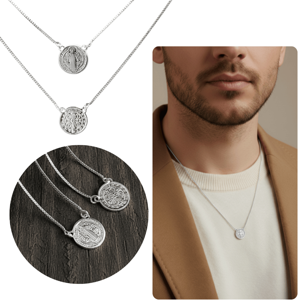 Escapulário Masculino Medalha  São Bento  religiosa Banhado a Prata 925