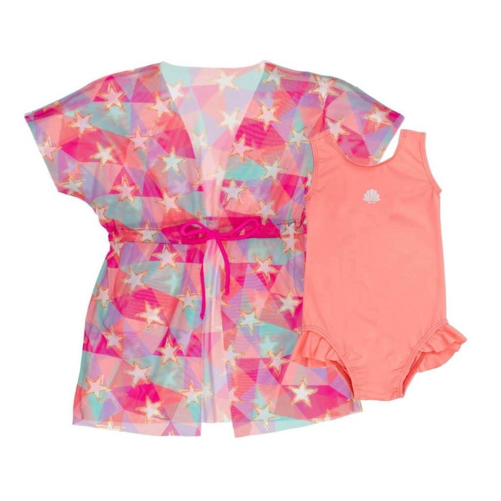 Kit Maiô Liso com Proteção UV 50+ Saída De Praia Tule Infantil Natação Menina