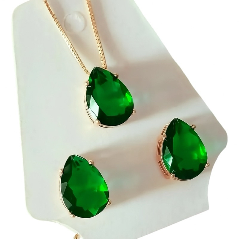 Conjunto Colar e Brinco Gota Verde Esmeralda Folheado a Ouro 18k Elegância e Sofisticação em Oferta na Shopee