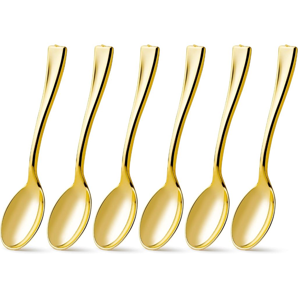 Colheres de sobremesa mini descartáveis de plástico dourado com 9,8cm, 50/100 unidades de colheres mini resistentes