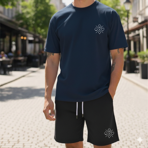 Conjunto Streetwear Premium: Camiseta Azul Marinho + Bermuda Poker Style | ♠️ Lançamento Urbano Conforto Total
