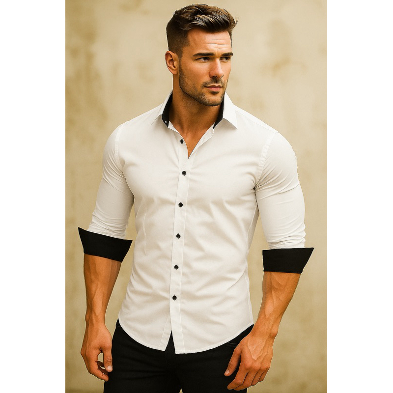 Camisa Masculina Slim Fit Luxo Detalhe Interno gola e punho