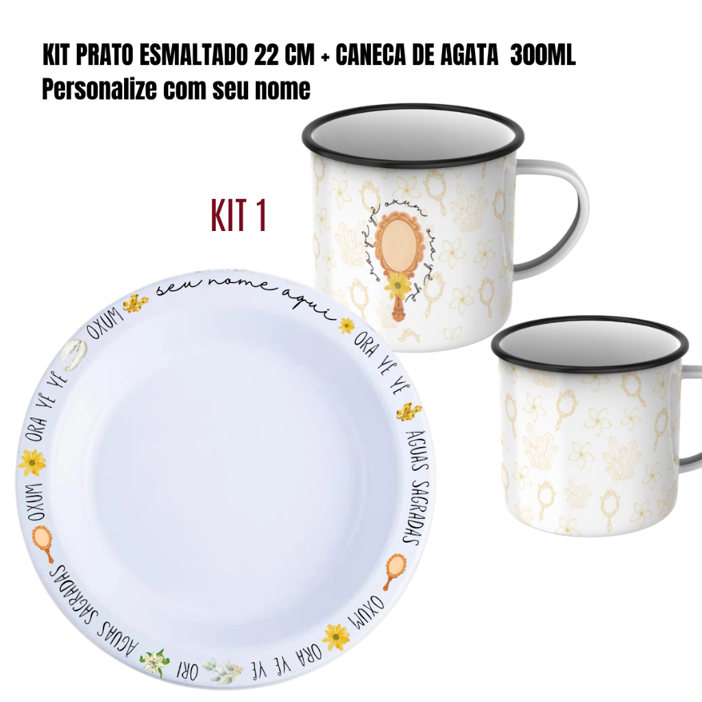🪶 KIT CANECA DE ÁGATA + PRATO PERSONALIZADO DE OXUM | UMBANDA • CANDOMBLÉ • RELIGIÃO AFRO-BRASILEIRA