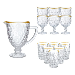Coleção Diamond com Borda Dourada Jarra, Taças, Copos ou Kit Completo em Oferta na Shopee