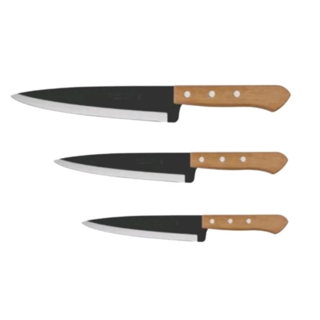 Kit 3 Facas Cozinha Aço Carbono Cabo de Madeira Tramontina