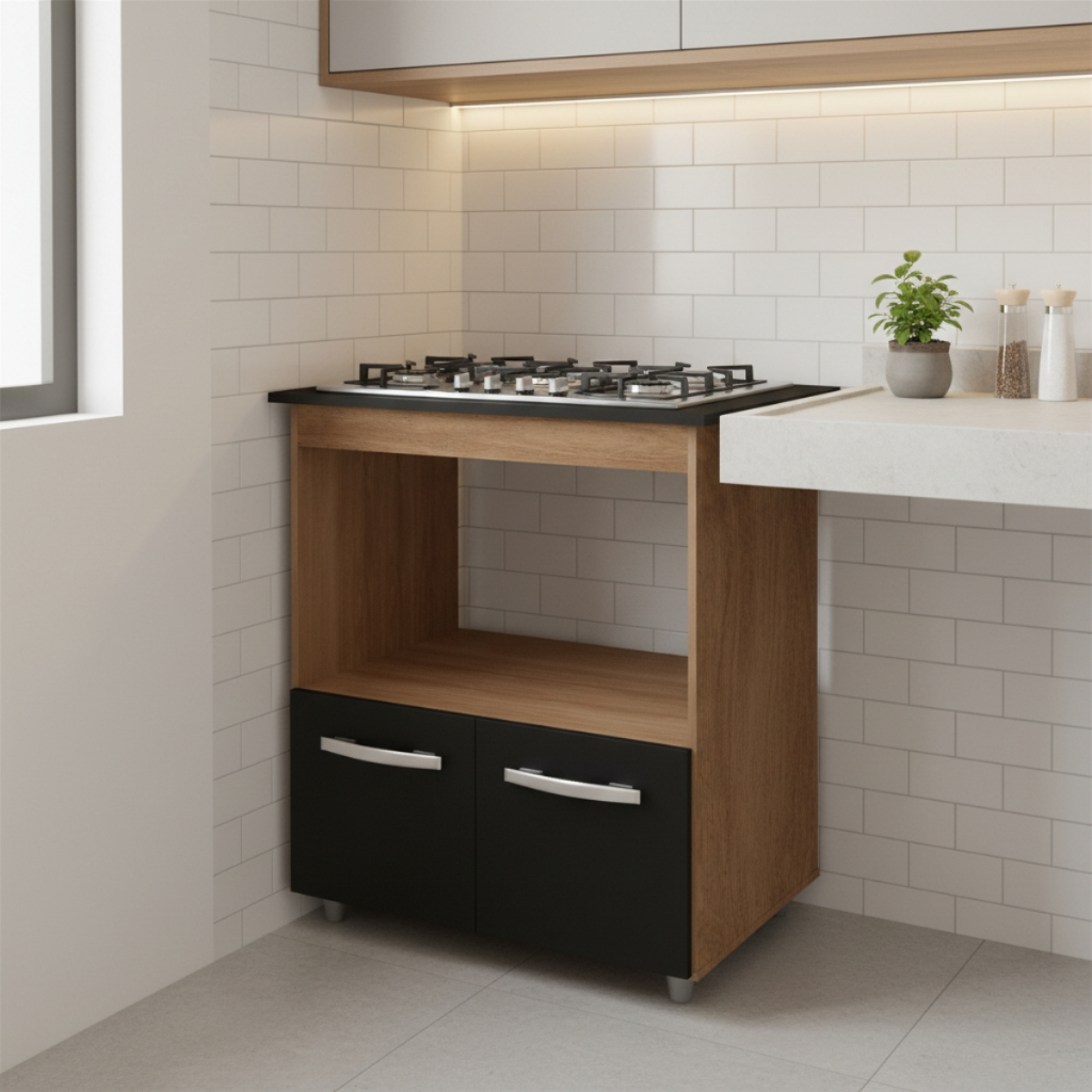Gabinete Cozinha Elisa Cooktop 5 Bocas Forno Savana Preto