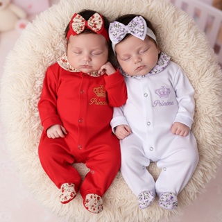 Kit 02 Macacão Manga Longa Bordado Para Bebê Menina Com Faixa De Cabelo em Oferta na Shopee