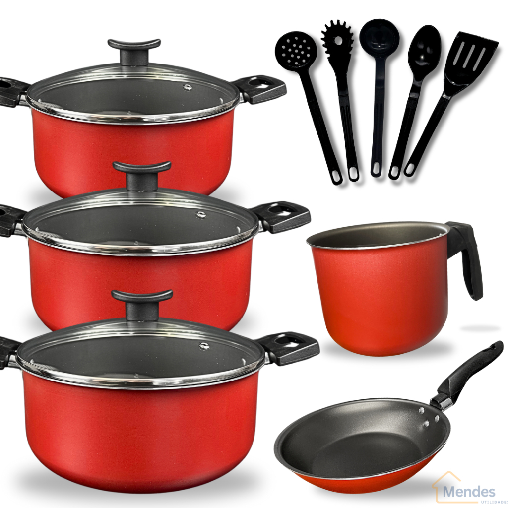 Conjunto Panelas Caçarolas 10 peças com Caneco Antiaderente Tampa de Vidro e Utensilios Cor Vermelho em Oferta na Shopee