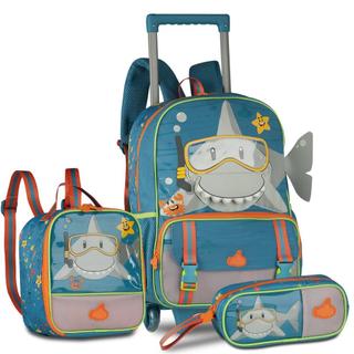 Kit Mochila de Rodinhas Tubarão Infantil Escolar Lancheira Estojo Menino Clio
