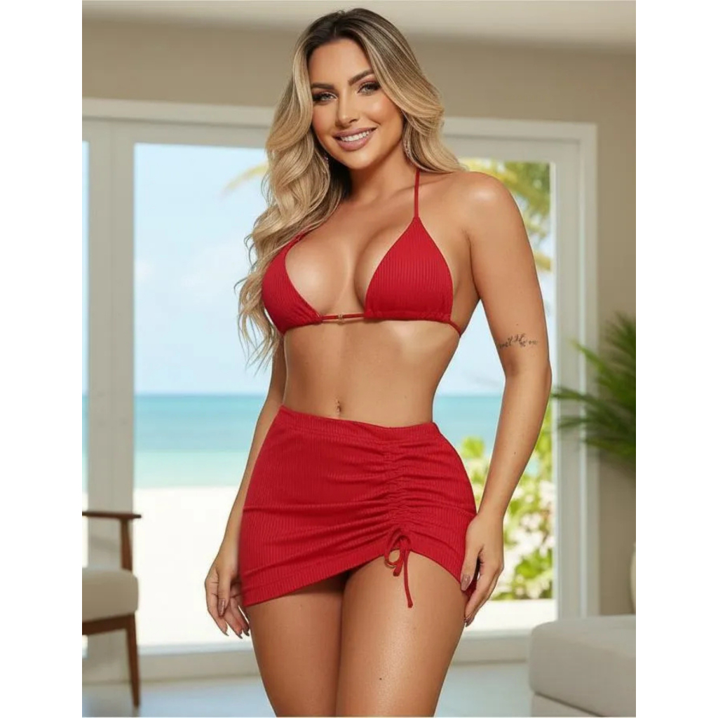 Conjunto biquíni Com Bojo + saia Moda praia conjunto feminino Biquíni com saia curta Confortável Ajustável