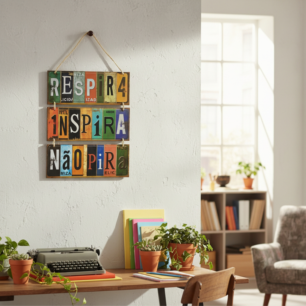 Placa Decorativa em MDF Suspensa com Corda de Sisal - Respira Inspira Não Pira - 3 partes de Parede em Oferta na Shopee