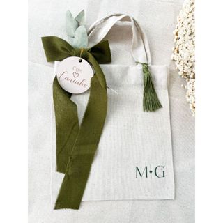 Sacola Ecobag Personalizada com Alça Para Casamento com Inicial de Noivos Padrinhos com Fita Verde em Oferta na Shopee