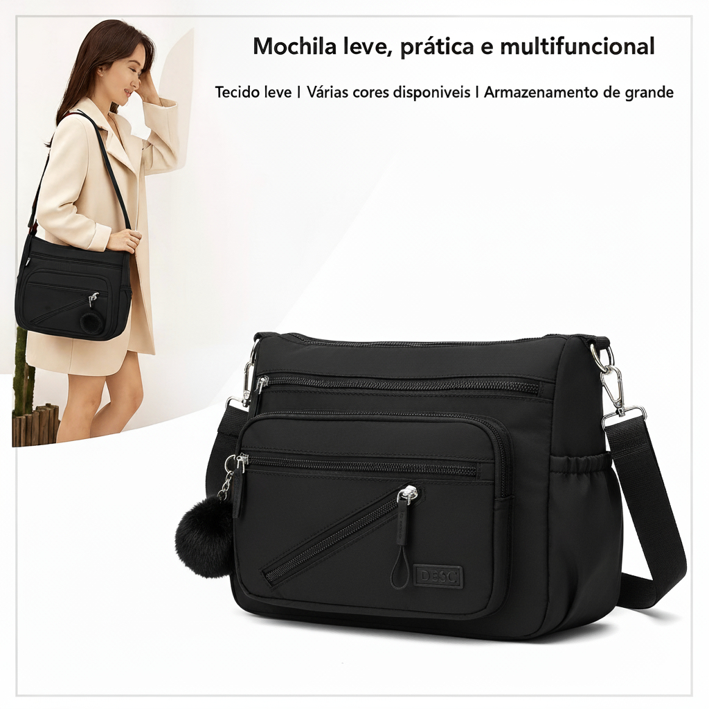 Bolsa Feminina Transversal Multifuncional com Vários Bolsos e Pompom