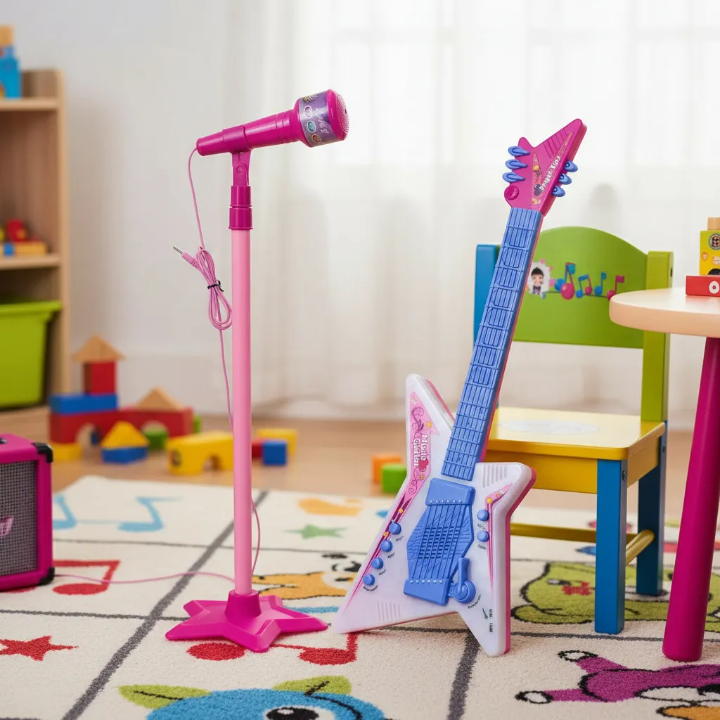 Guitarra Infantil e Microfone Pedestal Luz Som Brinquedo Musical Cantora Criança Estilo MP3 Show