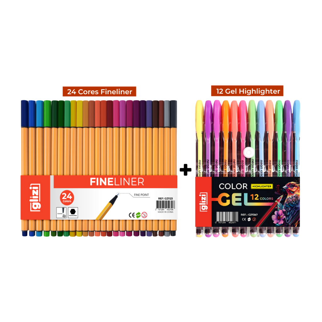 Kit Canetas Coloridas Ponta Fina Glizi Fineliner 24 Cores + Gel Highlighter 12 Cores | Traço Preciso + Cores Vibrantes em Oferta na Shopee
