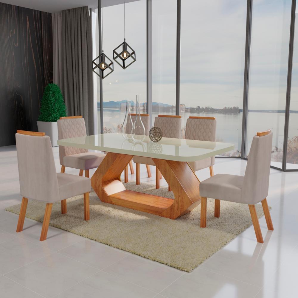 Sala de Jantar 180x90 Lottus MDF/Vidro 6 Cadeiras Bom Pastor em Oferta na Shopee