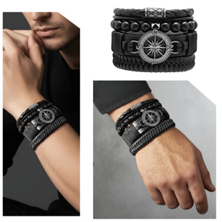 Pulseiras Masculinas de Couro Bússola Rosa dos ventos Ajustáveis Conjunto  Kit C/04 em Oferta na Shopee