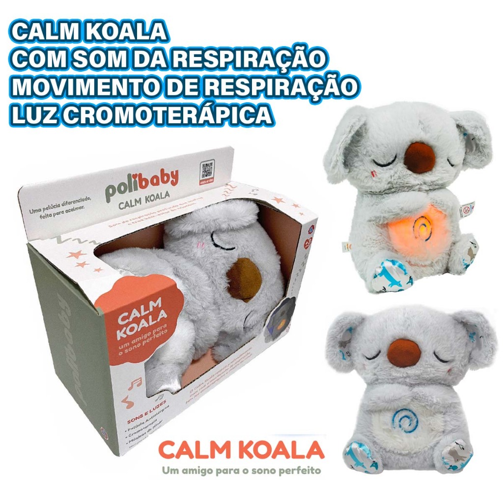 Pelúcia Coala Que Respira Som Luz Bebê Musical Calmante Dormir Cromoterapia Ruído Branco Polibrinq