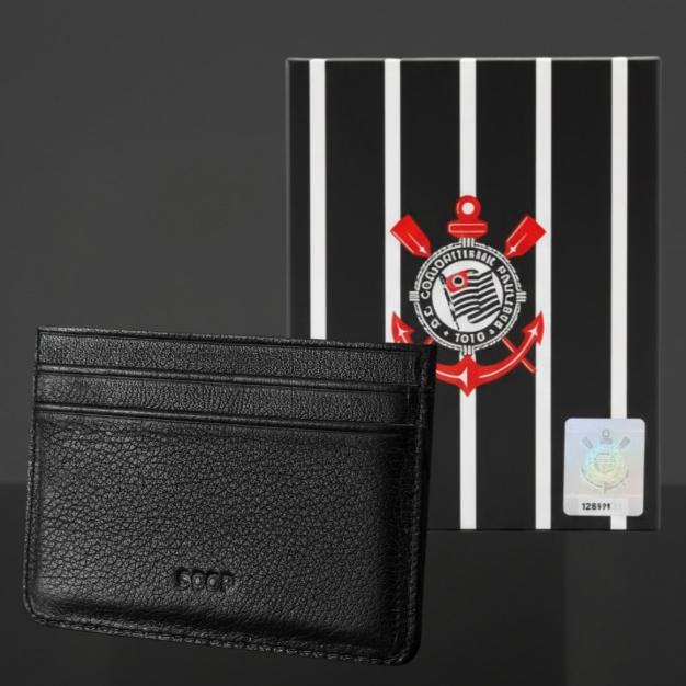 Porta Cartão Dinheiro Masculino de Couro Legítimo Premium Preto Corinthians Timão SCCP Original