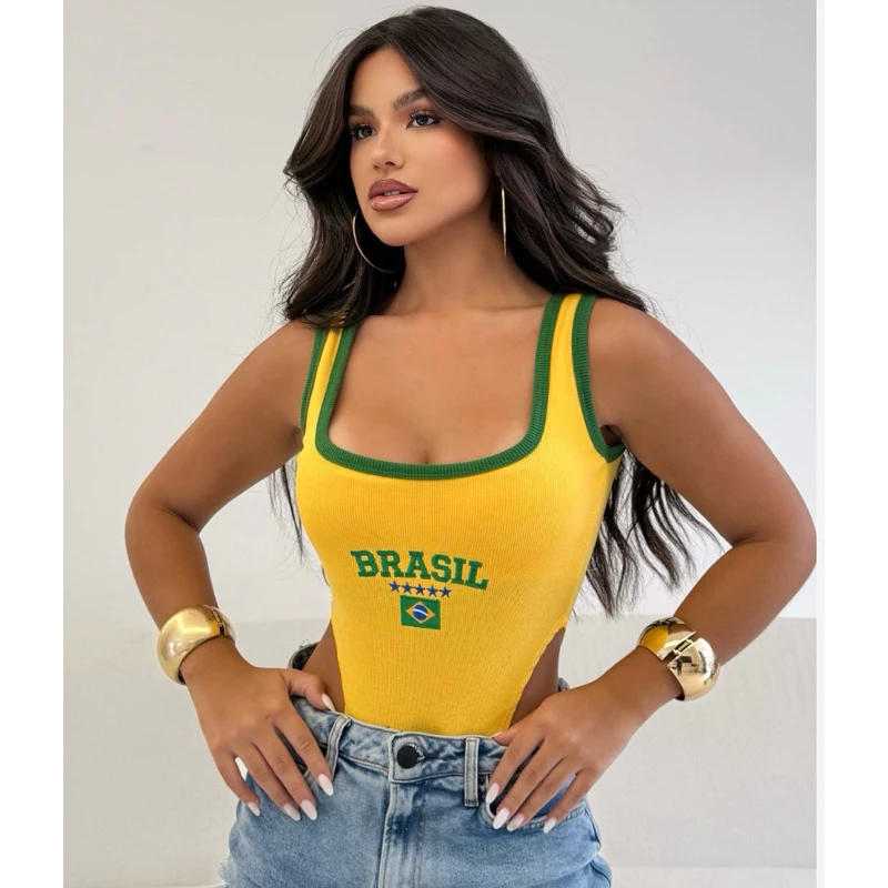 Body Bordado Brasil Cintura Cavada Decote Quadrado Estampa Brasileira Moda Esportiva Verão