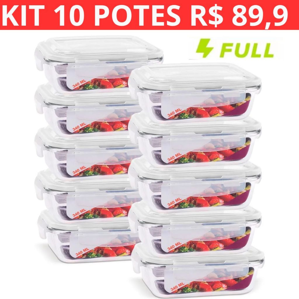 Kit 10 Pote Hermético de Vidro 370ml Marmita Fit Tampa 4 Travas Freezer Microondas Geladeira
