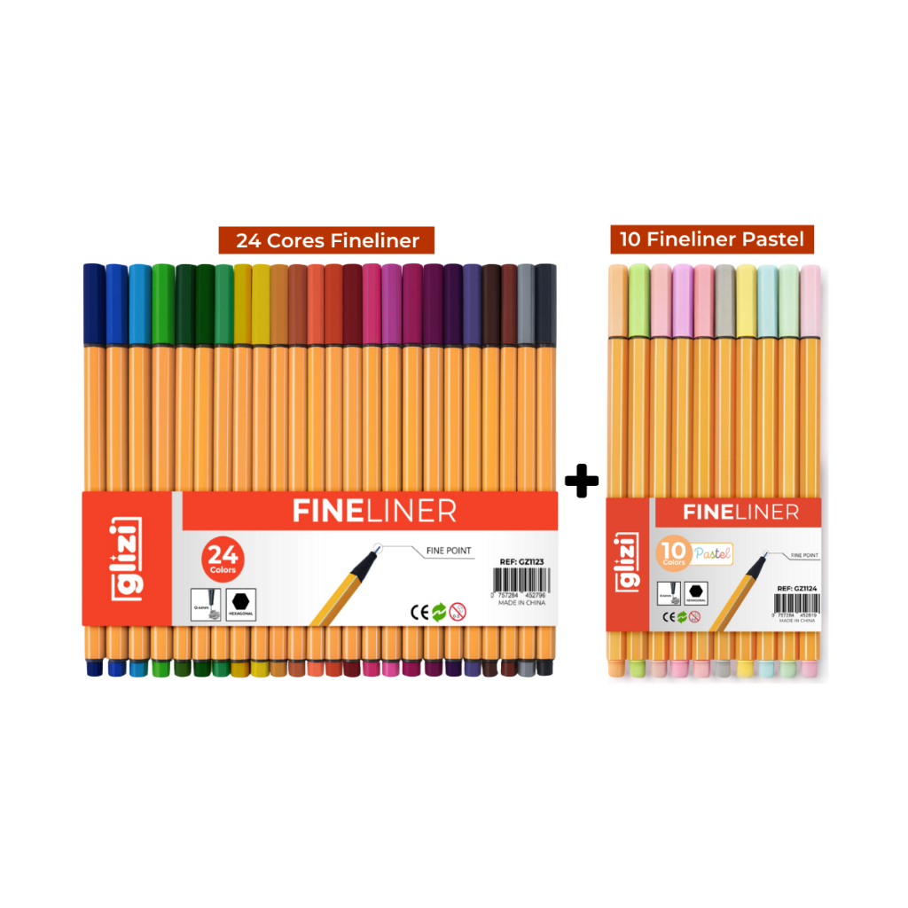 Kit Canetas Coloridas Glizi Fineliner 24 Cores + Pastel 10 Cores | Ponta Fina 0.4 mm | Traço Preciso e Cores Vibrantes em Oferta na Shopee