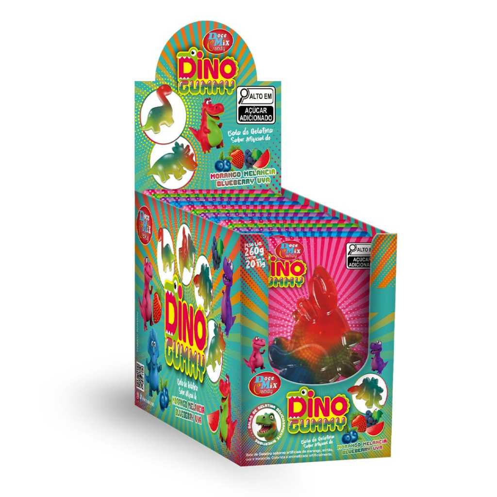 BALA DE GELATINA DINO  GUMMY DISPLAY C/ 15 UNIDADES  13 G MELANCIA , MORANGO, UVA,BLUEBERRY
