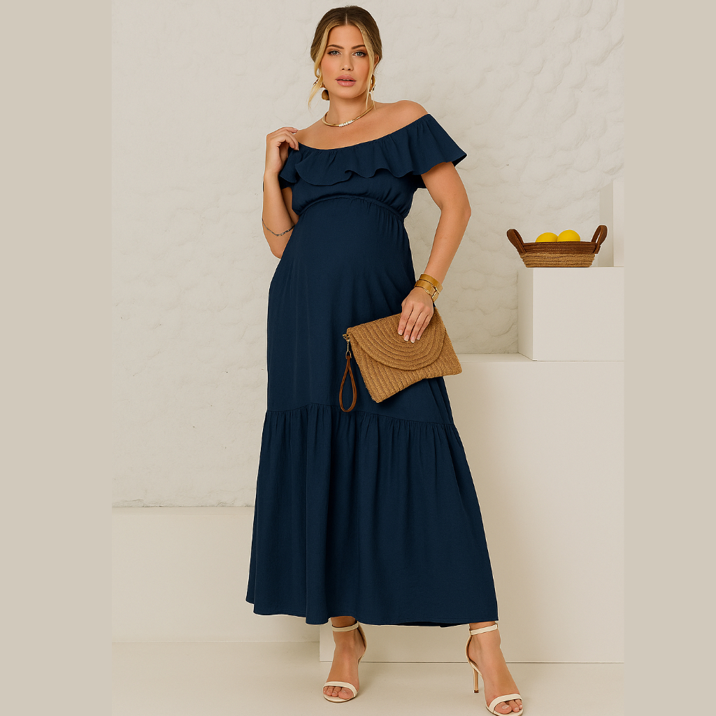 Vestido Gestante Longo Ciganinha Leve e Fluído Final de Ano Verão