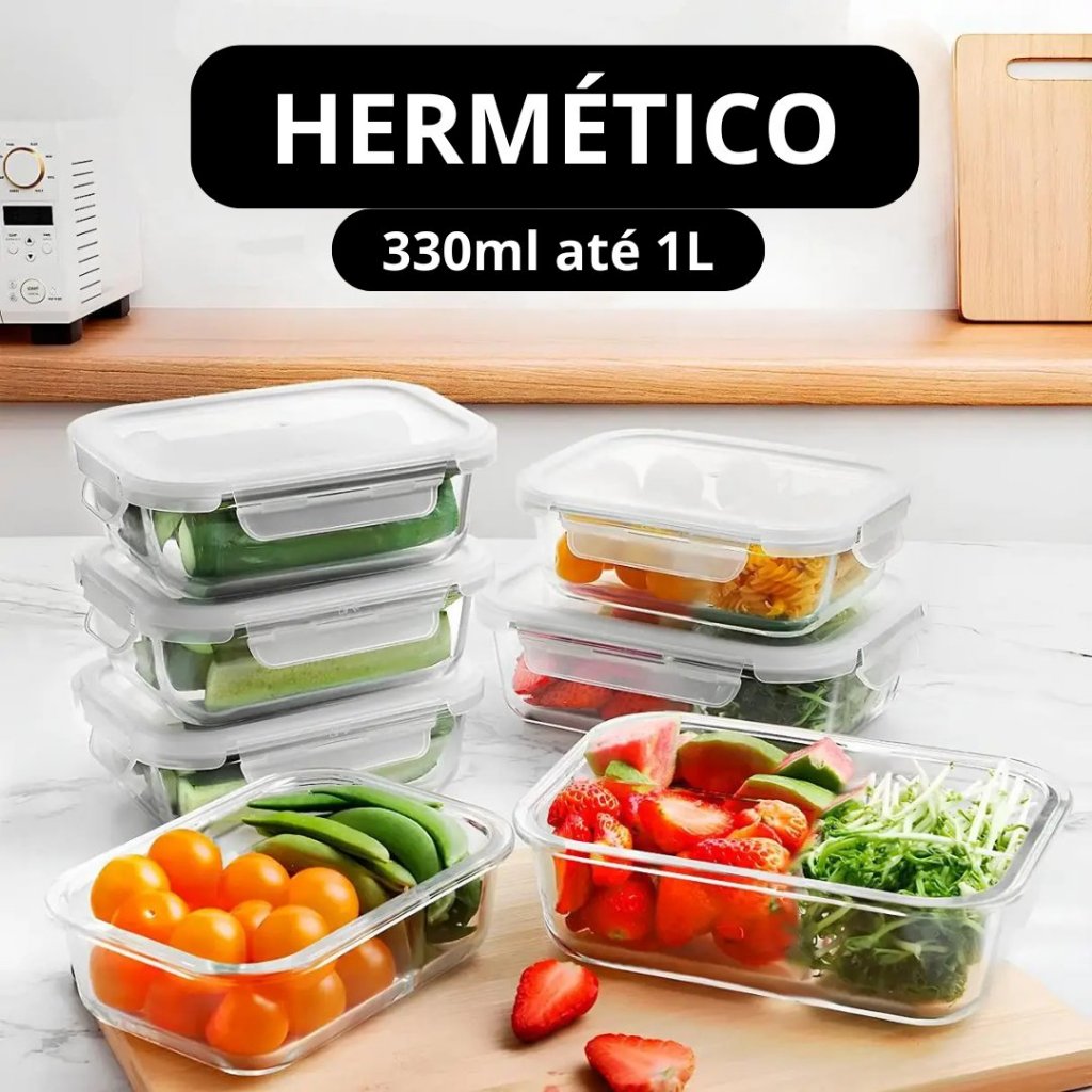 Pote Hermético de Vidro 330ml, 340ml, 420ml, 550ml, 600ml, 1000ml, 1500ml Marmita Tampa 4 Travas Freezer Microondas