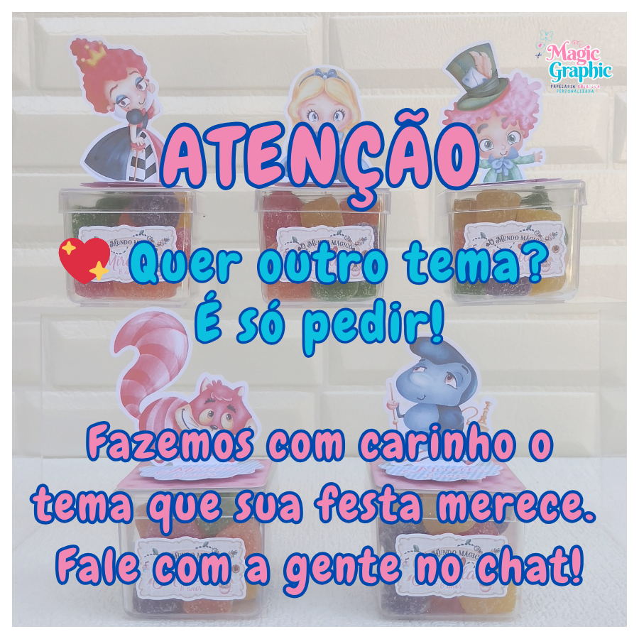 Kit Festa Alice no País das Maravilhas – 20 Sacolinhas + 30 caixinhas + 10 Base Quadrada + TAGs