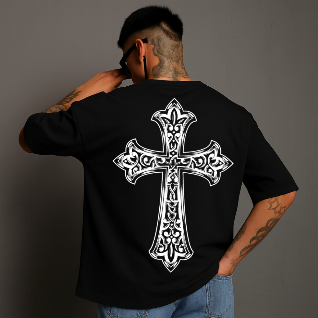 Camiseta Masculina Streetwear Cruz Gigante Lançamento Tecido Algodão 100% Camisa Unissex Gola Redonda Estilo Academia
