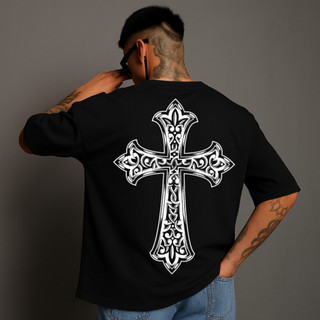 Camiseta Masculina Streetwear Cruz Gigante Lançamento Tecido Algodão 100% Camisa Unissex Gola Redonda Estilo Academia