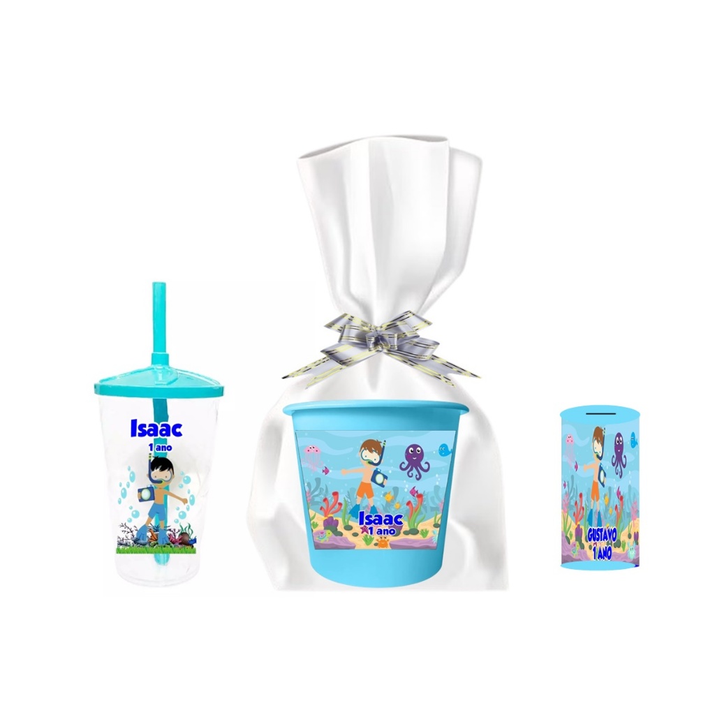 10 Copos Twister 400ml + 10 Baldes de Pipoca 1,5 lt Com embalagem + 10 Cofrinhos Kit Personalizado Fundo do Mar em Oferta na Shopee