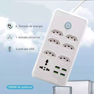 Régua Filtro de Linha com 7 Tomadas Extensão Elétrica 1 Universal 4 USB Bivolt 10A 110v/220v