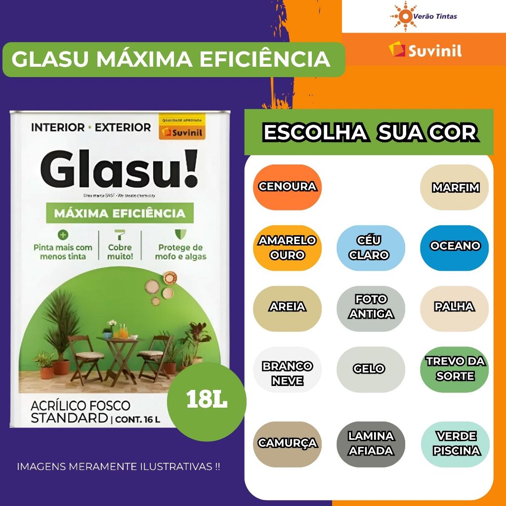 TINTA ACRÍLICA MÁXIMA EFICIÊNCIA 18L GLASU! - VARIAS CORES em Oferta na Shopee