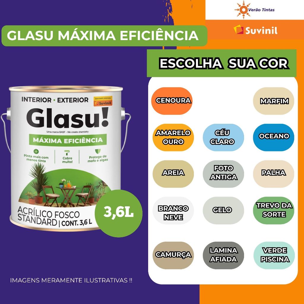 TINTA ACRÍLICA MÁXIMA EFICIÊNCIA 3,6L GLASU! - VÁRIAS CORES em Oferta na Shopee