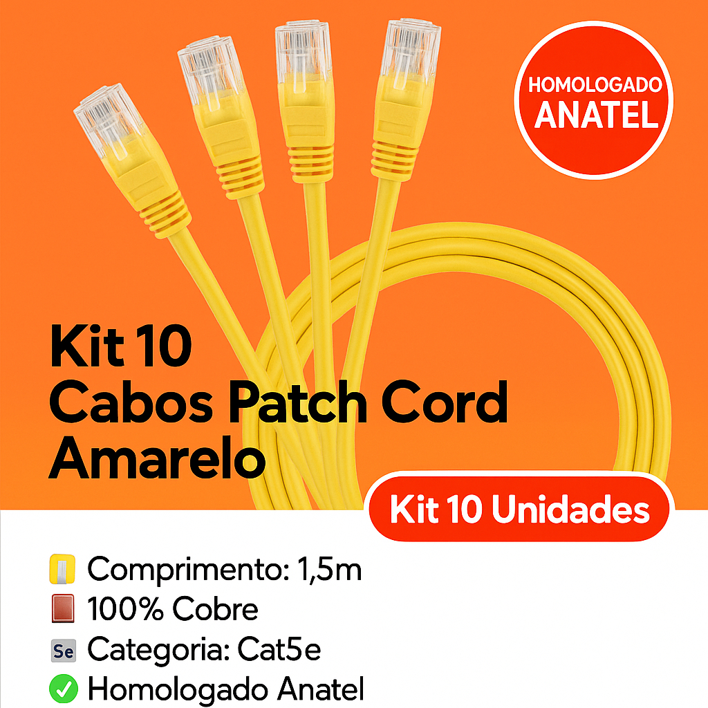 Kit 10 Cabos Patch Cord Amarelo 1,5m 100% Cobre Cat5e RJ45 Homologado Anatel Rede Lan