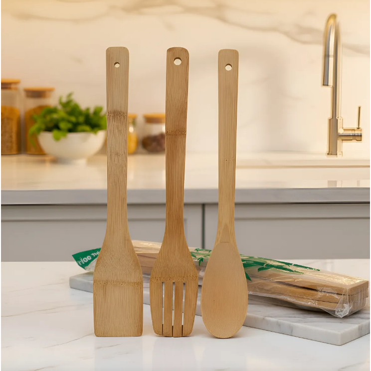 Jogo De Talheres Em Bambu 3 Peças em Oferta na Shopee