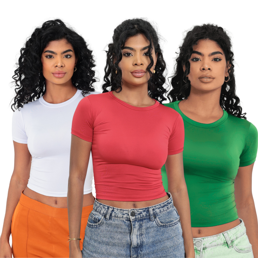 KIT 3: Baby Tee Feminina - Blusa Slim Fit Manga Curta - Blusa de Compressão em Oferta na Shopee