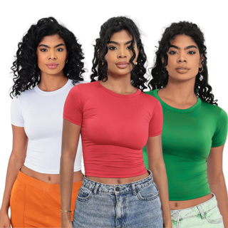 KIT 3: Baby Tee Feminina - Blusa Slim Fit Manga Curta - Blusa de Compressão em Oferta na Shopee