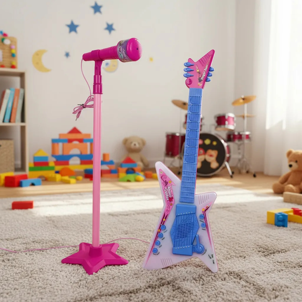 Guitarra Infantil Com Microfone Pedestal Luz Som Brinquedo Musical Criança Cantora Estilo MP3 Show