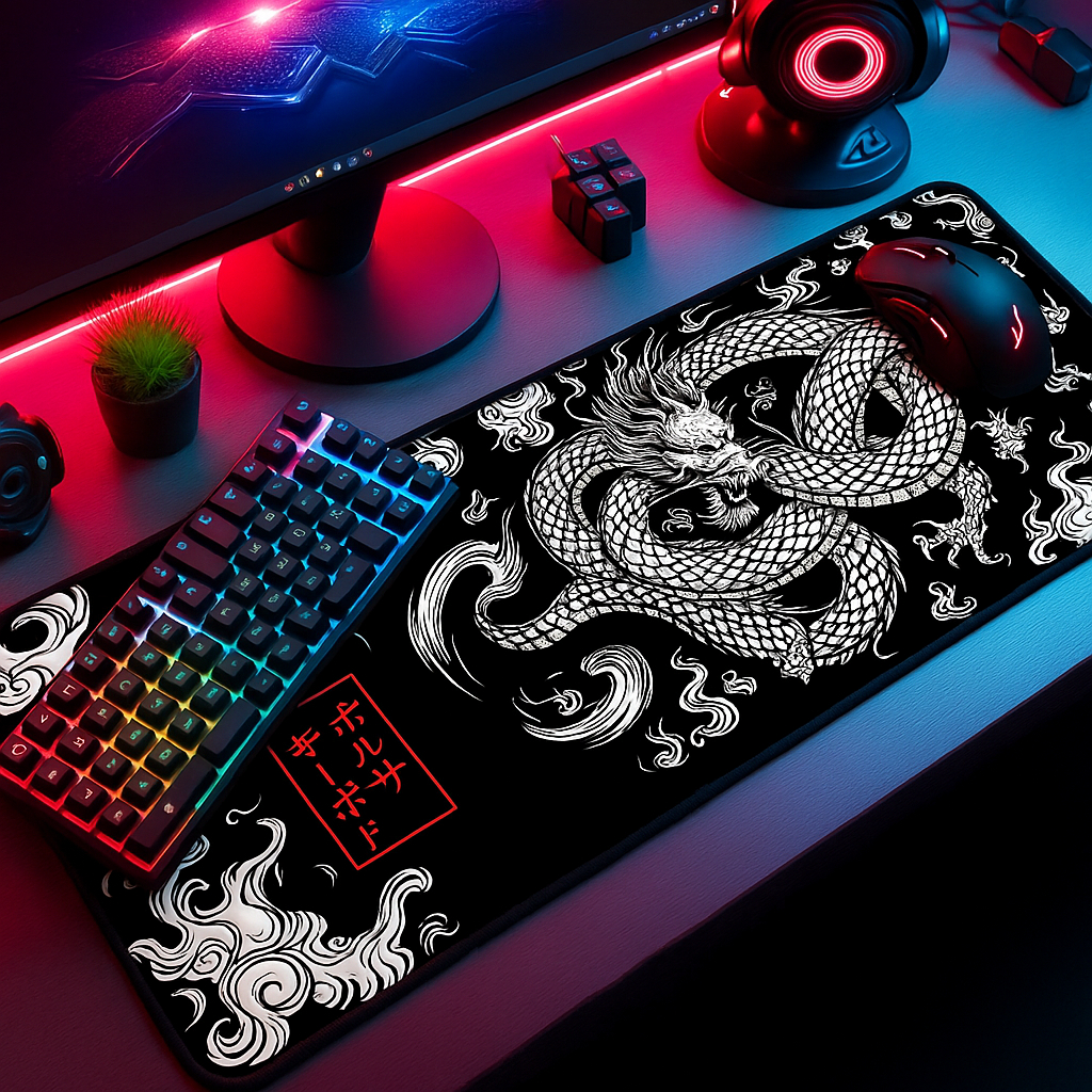 Mouse Pad Gamer Deskpad Speed Extra Grande Borda Costurada Dragão Chinês Japonês 60x30 Cm Mega