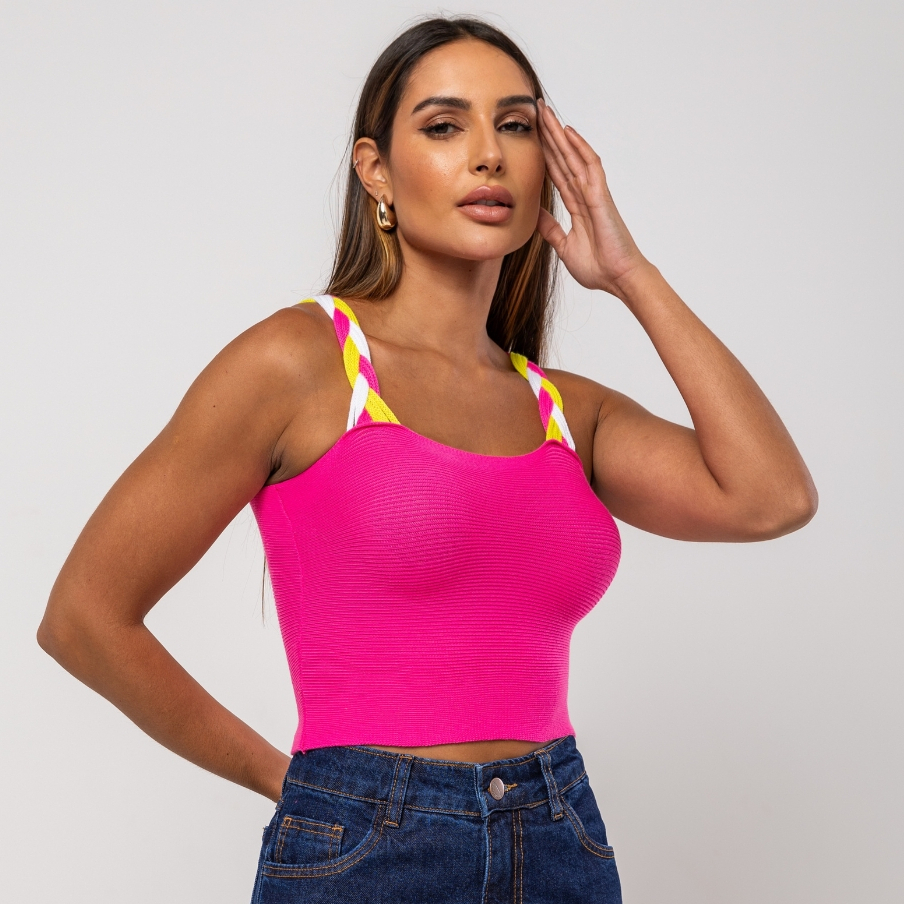 Cropped Feminino de Tricô com Alça Colorida em Oferta na Shopee