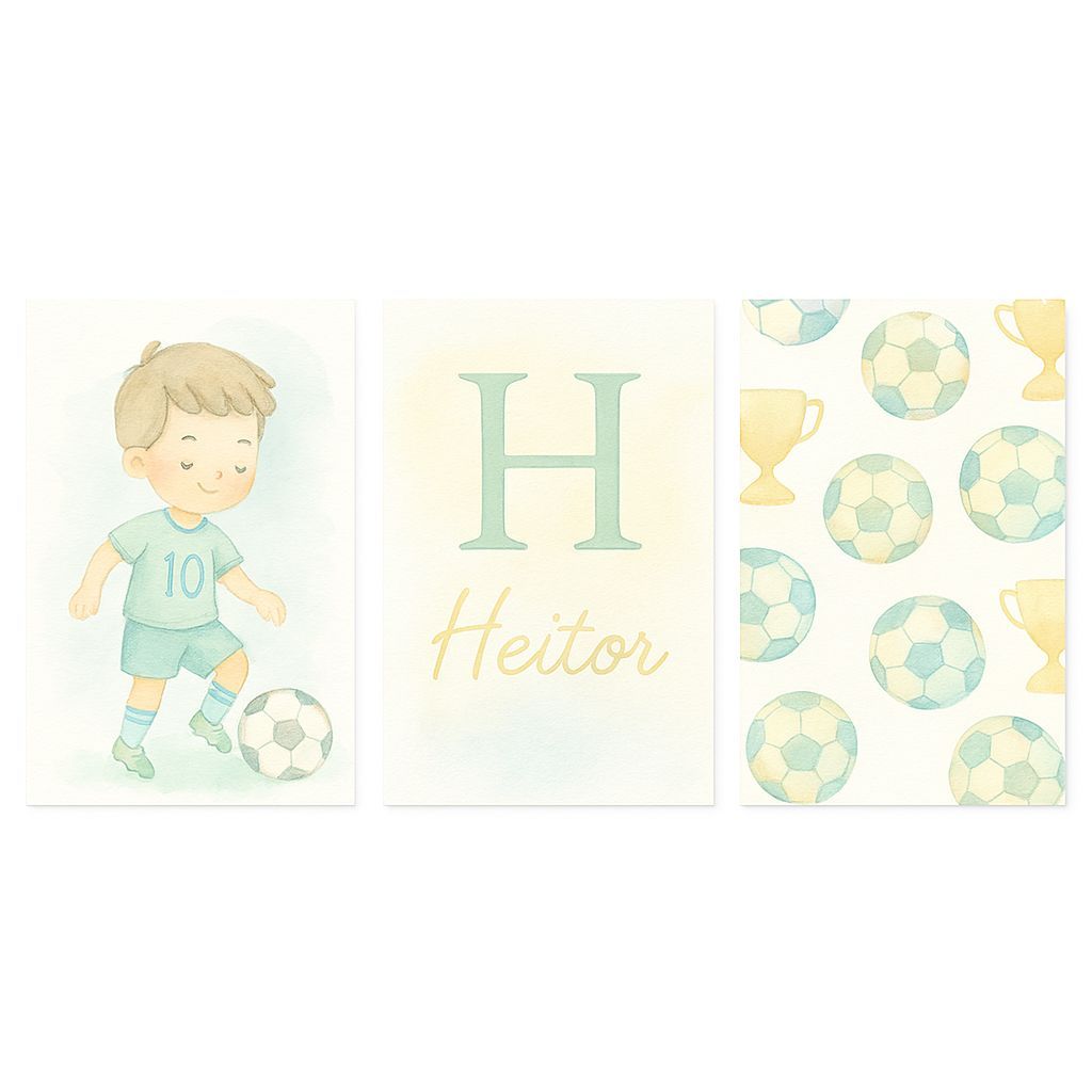 Kit Quadros Decorativos 3 Peças Infantil Futebol Nome Personalizado Menino Letra Jogador Bola Campo