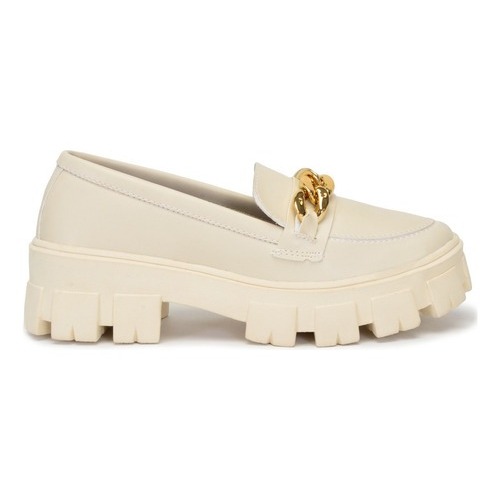 Mocassim Feminino Off White Salto Robusto Tratorado Corrente Dourada Confortável Casual Elegante