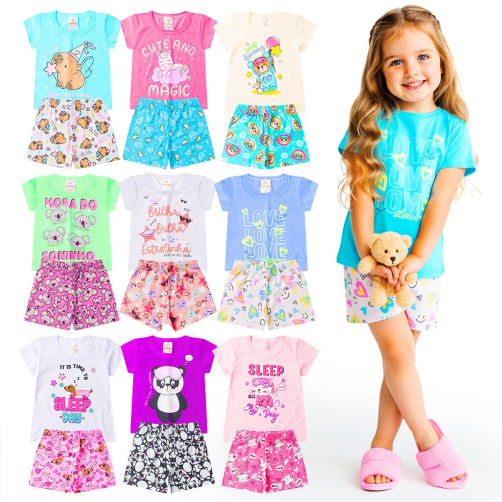 Kit 2, 6 ou 10 Peças Brilha no Escuro Pijama Infantil Menina Verão - Roupa Infantil Feminina