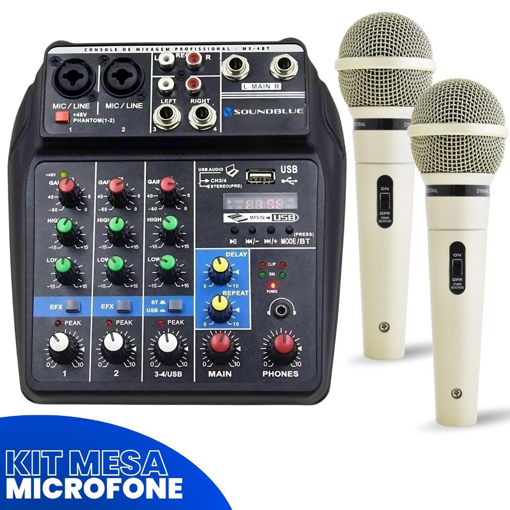 Kit Console Mesa de Som 4 Canais Audio Profissional Bluetooth Usb Mixer Midi Mp3 Combo + 2 Microfones Fio Dinamico