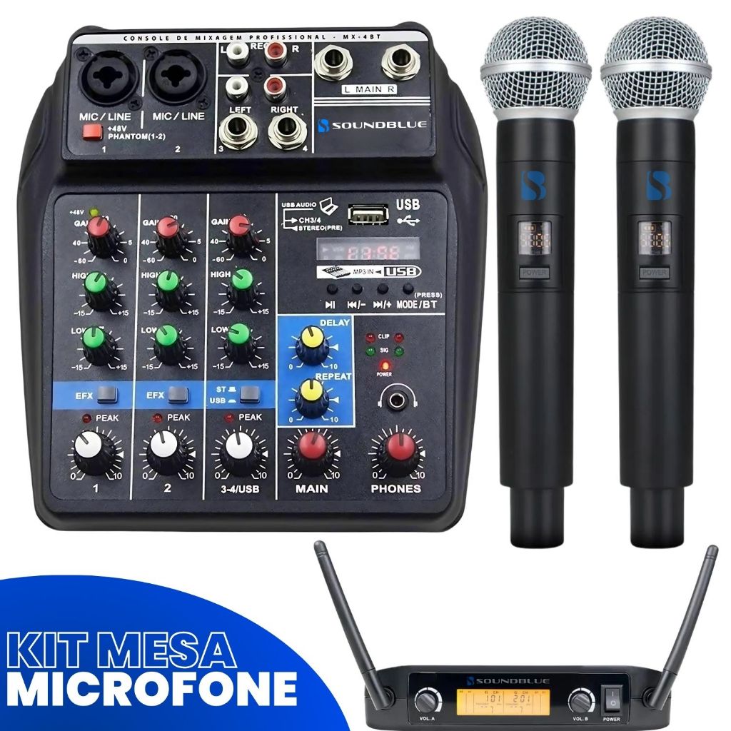 Kit Console Mesa Som 4 Canais Audio Profissional Bluetooth Mixer + Microfone Duplo UHF-520M Sem Fio Dinamico Cardiode