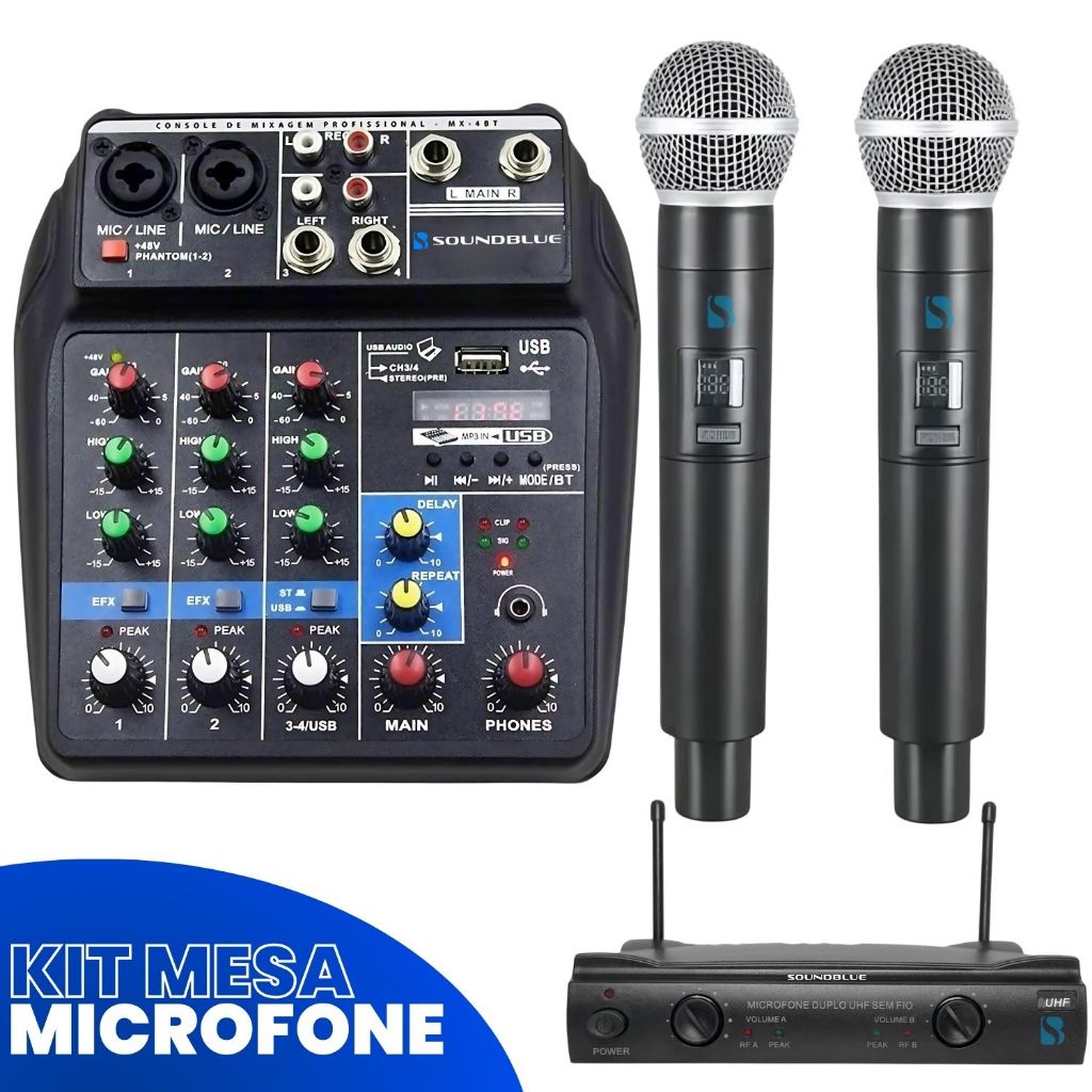 Kit Console Mesa Som 4 Canais Audio Profissional Bluetooth Mixer + Microfone Duplo UHF-320M Sem Fio Dinamico Cardiode