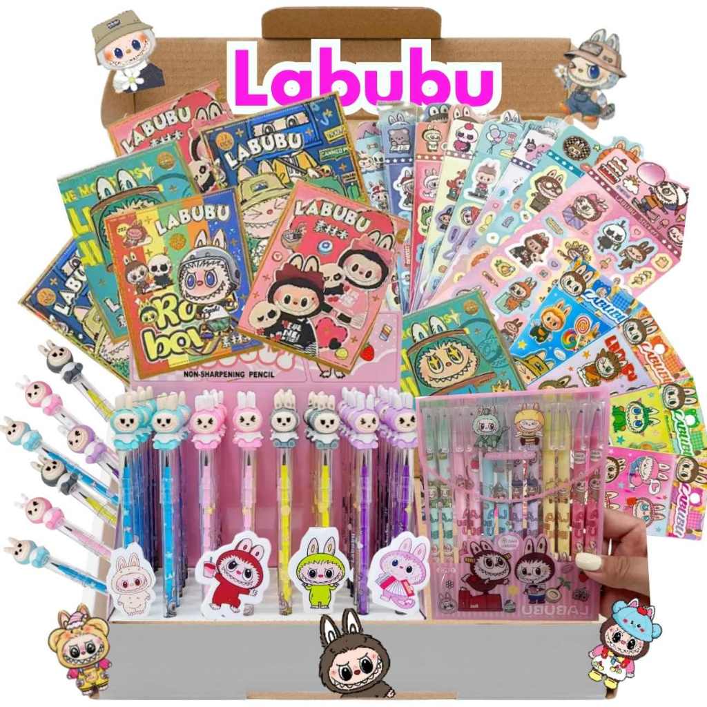 Kit Labubu Escolar Caderno Caneta Adesivos Lápis Borracha Lapiseira Fofo Kawaii